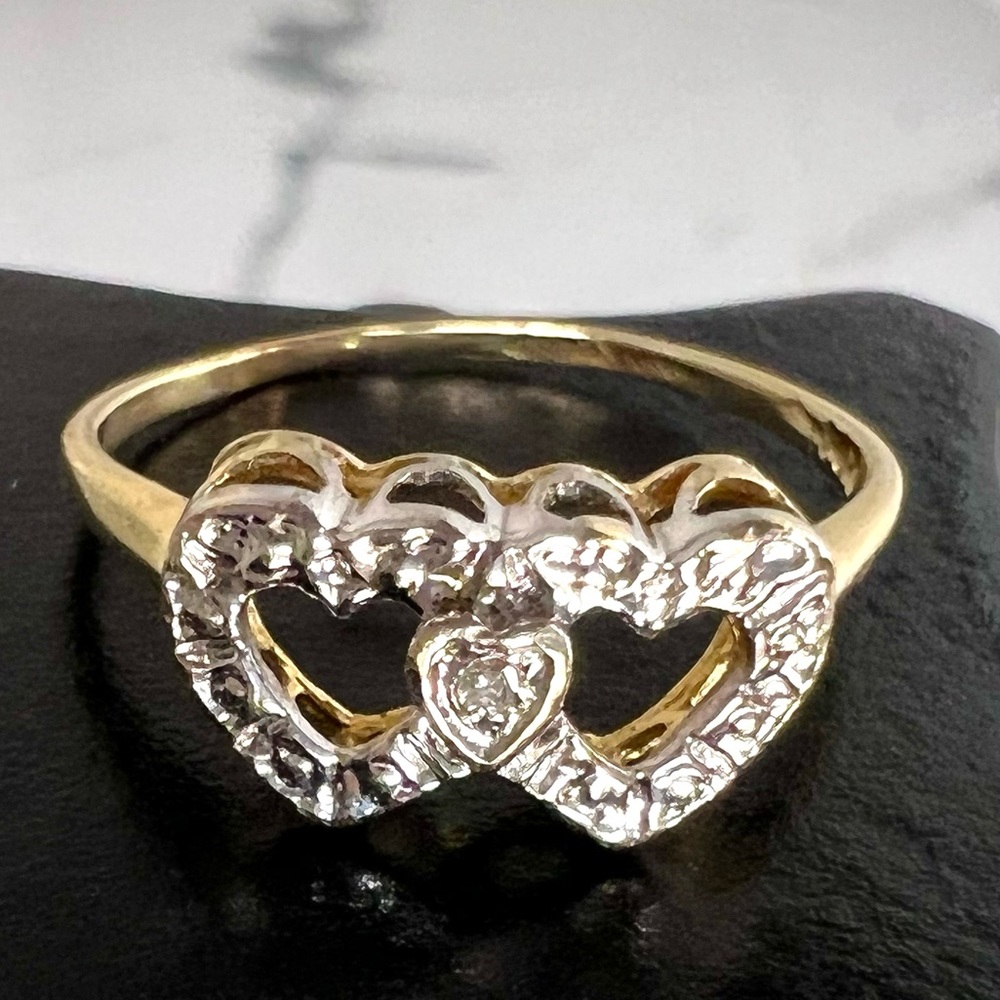 SOLD 14K gold Two Loving Hearts Ring (Vintage Two Tone with a Small Diamond )